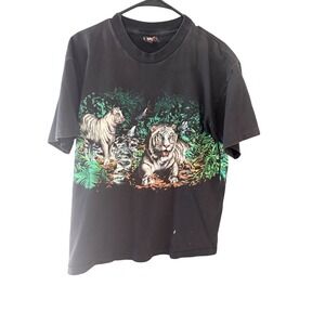 Vintage Signal Sport White Tiger Graphic T-Shirt Mens L Black 90s Single Stitch